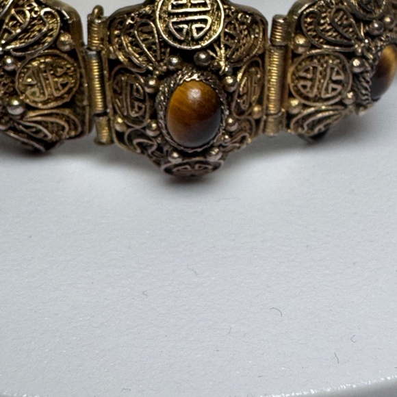 Vtg Chinese Export Bracelet Tiger's Eye Cabochon Silver Gilded Vermeil Filigree - Picture 3 of 16
